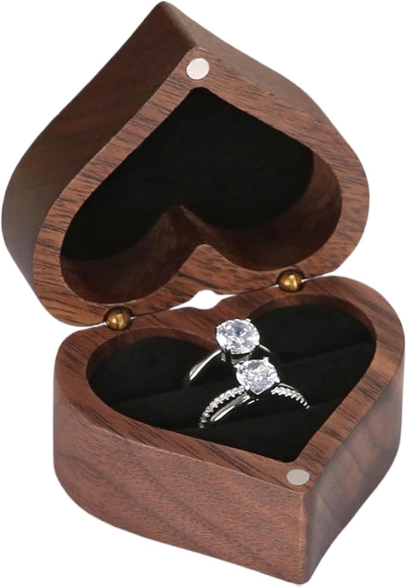 Ringdoosje Hartvorm - Sieraaddoosje Bruiloft - Huwelijksaanzoek Cadeau - Eigentijds Walnoot Design - 5.5 x 3.7 cm - Zwart