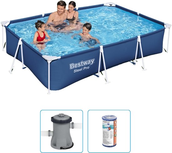 Bestway Steel Pro rechthoekig blauw zwembad met filterpomp en een gezin met kinderen erin.