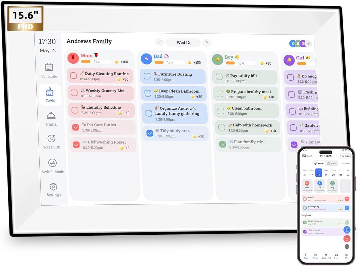 Digitale Kalender Planner - Interactief Touchscreen - Gezinsplanning Thuis - WIFI Sync AI Fotoverbetering - 156 Inch Scherm - Wit