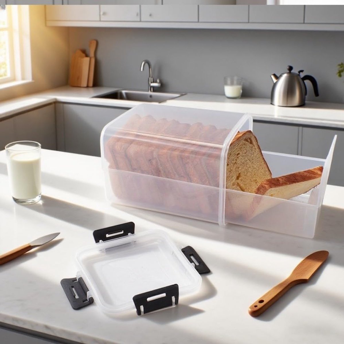 Broodcontainer Luchtdicht - Brooddoos Vers - Brood Bewaren - Met Dienblad - 34x14x14 cm - Wit