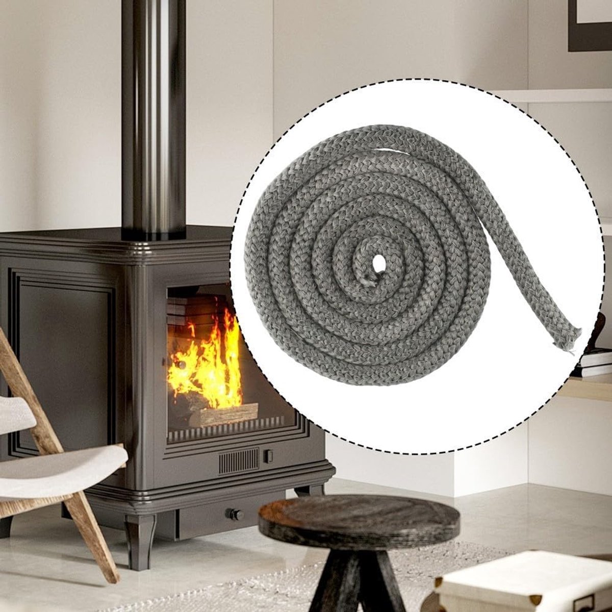 Kachel Deurpakking - Glasvezel Touw - Houtkachel Afdichten - Duurzaam Hittebestendig - 10mm x 4m - Zwart