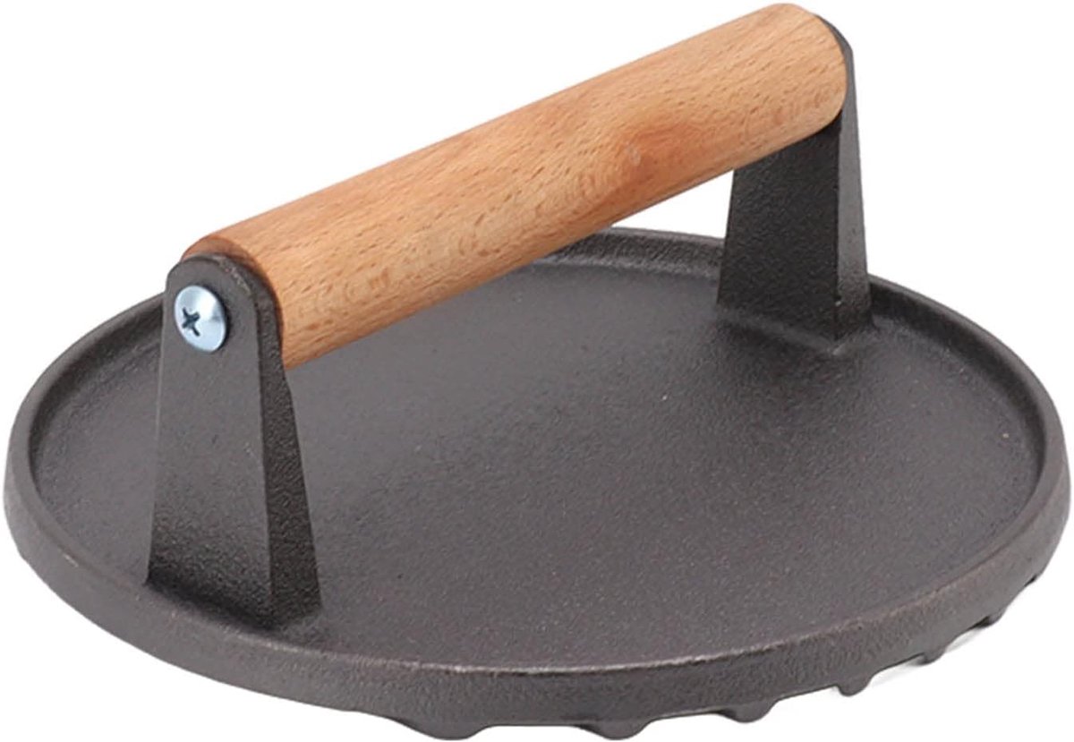 Gietijzeren Grillpers - Vleespers Geribbeld - Hamburgers Bakken - Comfortabel Houten Handvat - 17.4 cm Diameter - Zwart