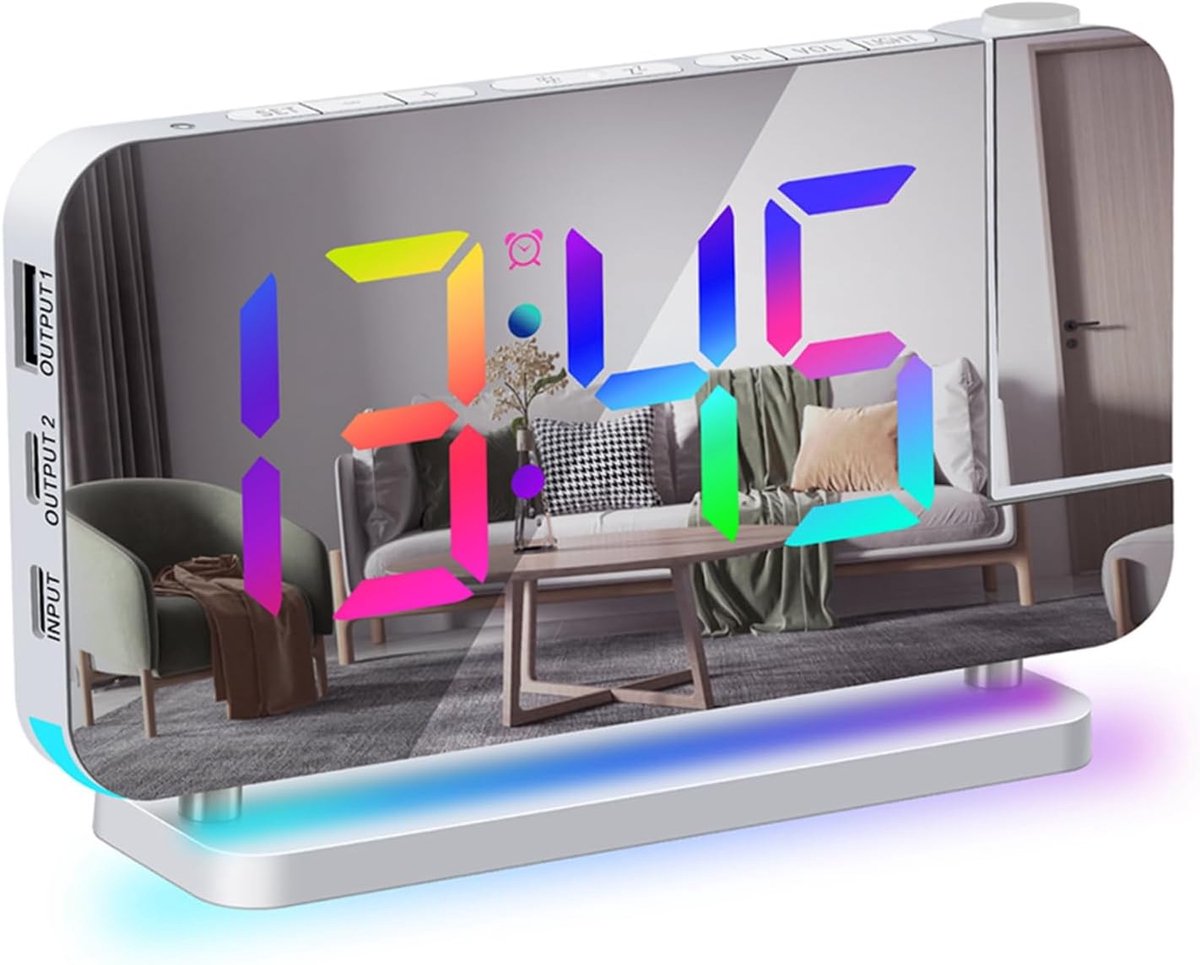 Digitale Wekker - Projectieklok Spiegel - Slaapkamer Ontwaken - 180 Graden Projectie - 7 Inch Display - Wit