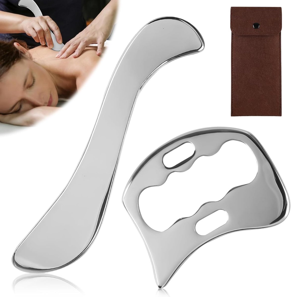 Gua Sha Set - Fascia Tool - Spierontspanning Pijnverlichting - Roestvrij Staal - 24.9 x 18.9 x 4.3 cm - Zilver