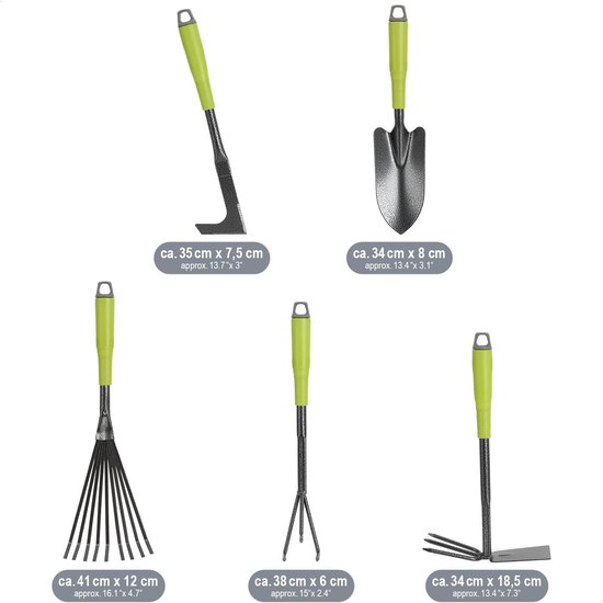 5-delige tuingereedschapset - tuinset met dubbele schoffel, kleine cultivator, voegenschraper, handhark, bloemenschepje - tuingereedschap voor planten en tuinieren — afbeelding 3