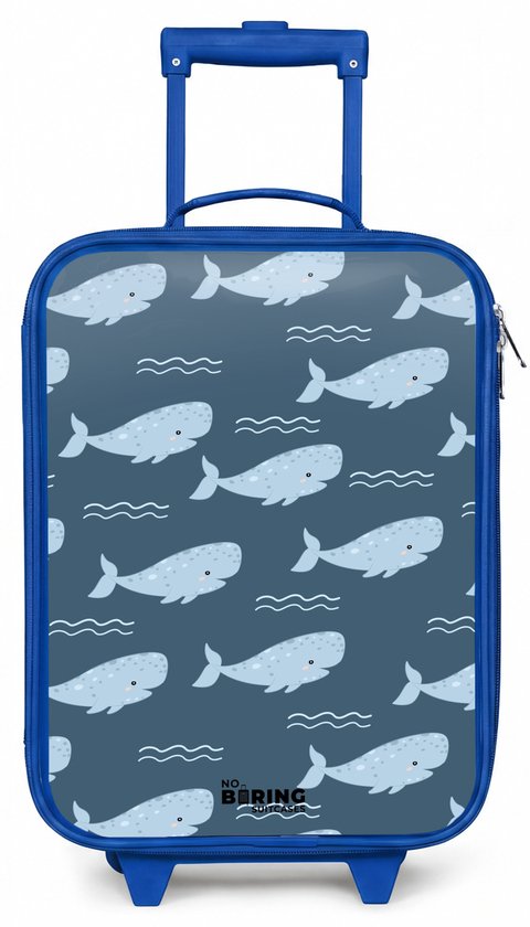 Blauwe koffer met een patroon van lachende walvissen en golven. Trolley met blauwe wielen en handvat.