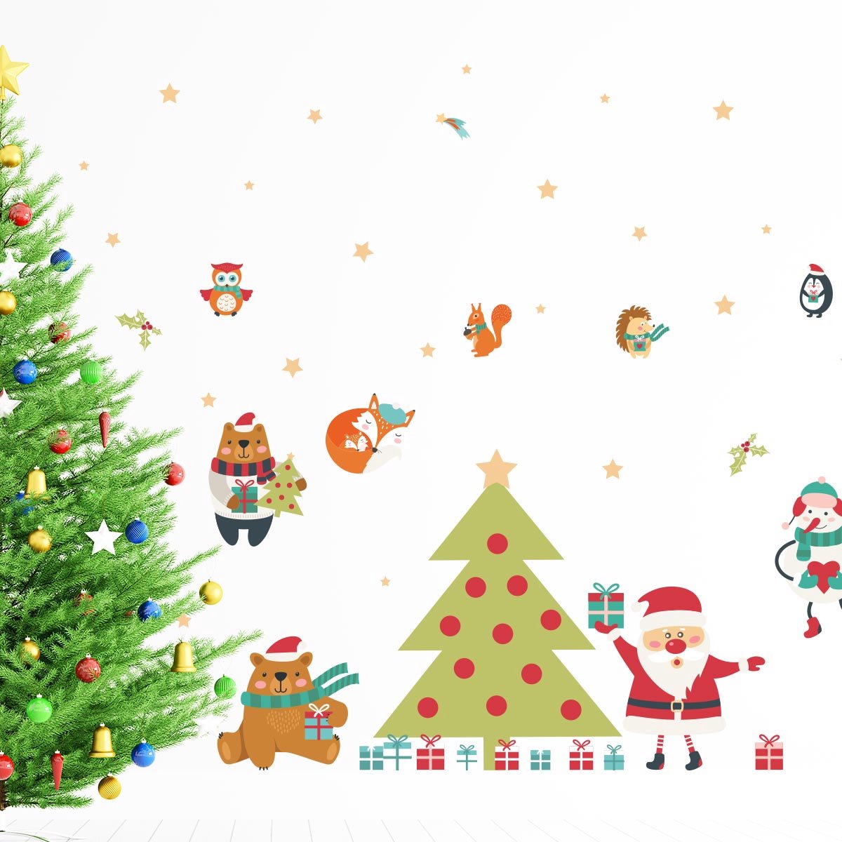 Kerststicker: De Kerstman en de magische kerstboom - Kerststickers - feestdecoraties - 90x135cm