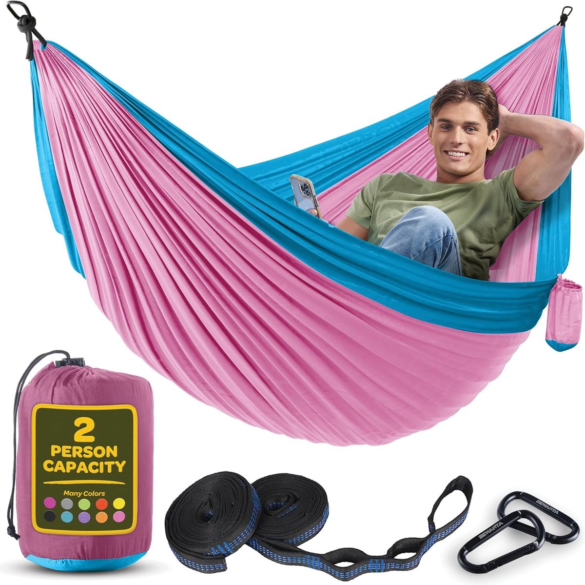 Duurzame Hangmat - Camping Hangstoel - Reizen Backpacken - 500 KG Capaciteit - 25x25 MM - Fuchsia Hemelsblauw