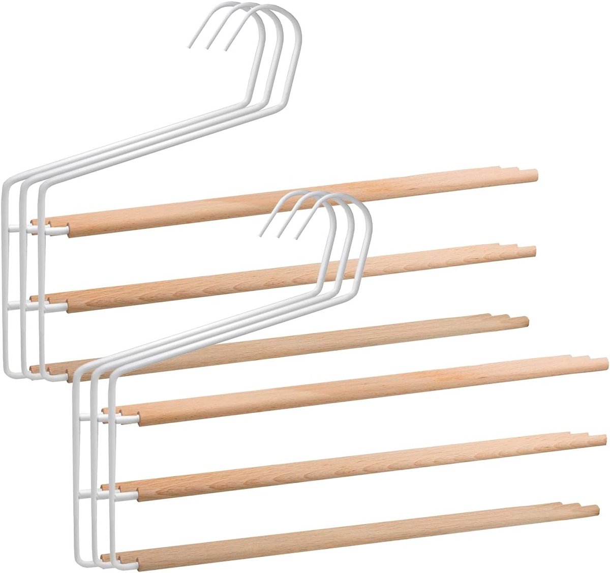 Broekhanger Set - Kleding Organizer - Garderobe Opbergen - Met Houten Stang - 35cm Breed - Wit