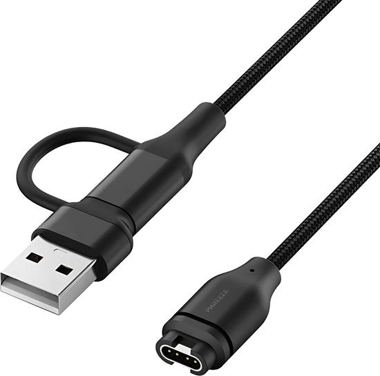 Kabel geschikt voor Garmin Vivoactive, Forerunner, Venu en Fenix horloge - Oplaadkabel - USB C & USB A - 1 Meter - Nylon Gevlochten - Zwart