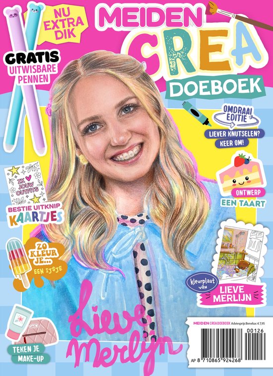 Close-up van Lieve Merlijn, lachend met een blauwe jas. "Meiden Crea Doeboek" met paarse en oranje letters. Creatieve elementen zoals taart en ijsje.
