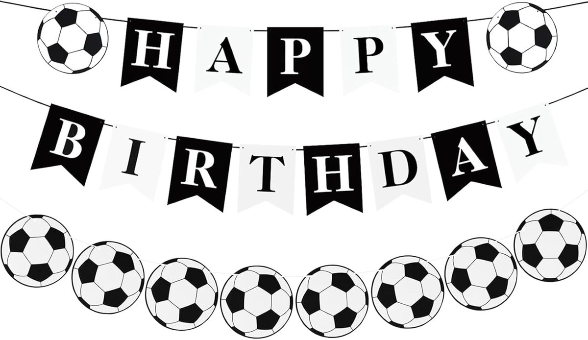 Voetbal Slingers - Vlaggenlijn voetbal - Happy Birthday Slinger - Kinderfeestje Verjaardag Versiering - Voetbal Versiering Verjaardag - Slingers - Verjaardag Versiering - Feestversiering - Papier - Zwart Wit - 3 Stuks