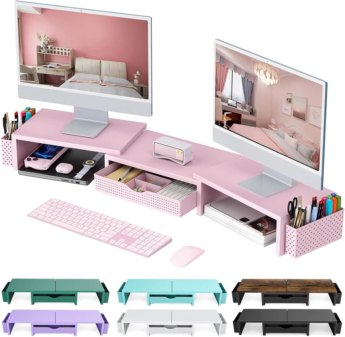 Monitor Verhoger - Bureau Organizer - Werkplek Verbeteren - Met Lade - 103cm Lengte - Roze