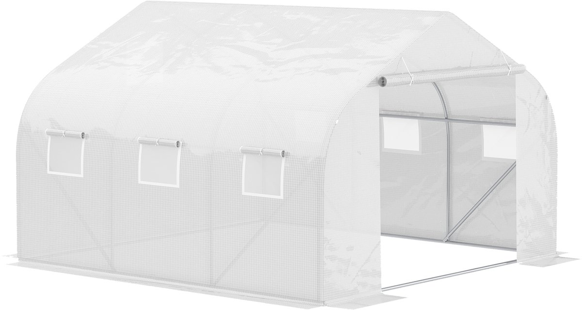 Killogood Tunnelkas - 6 oprolbare ramen - deur met ritssluiting - scheurvast folie - metalen frame - 3.5 x 3 x 2 m - wit