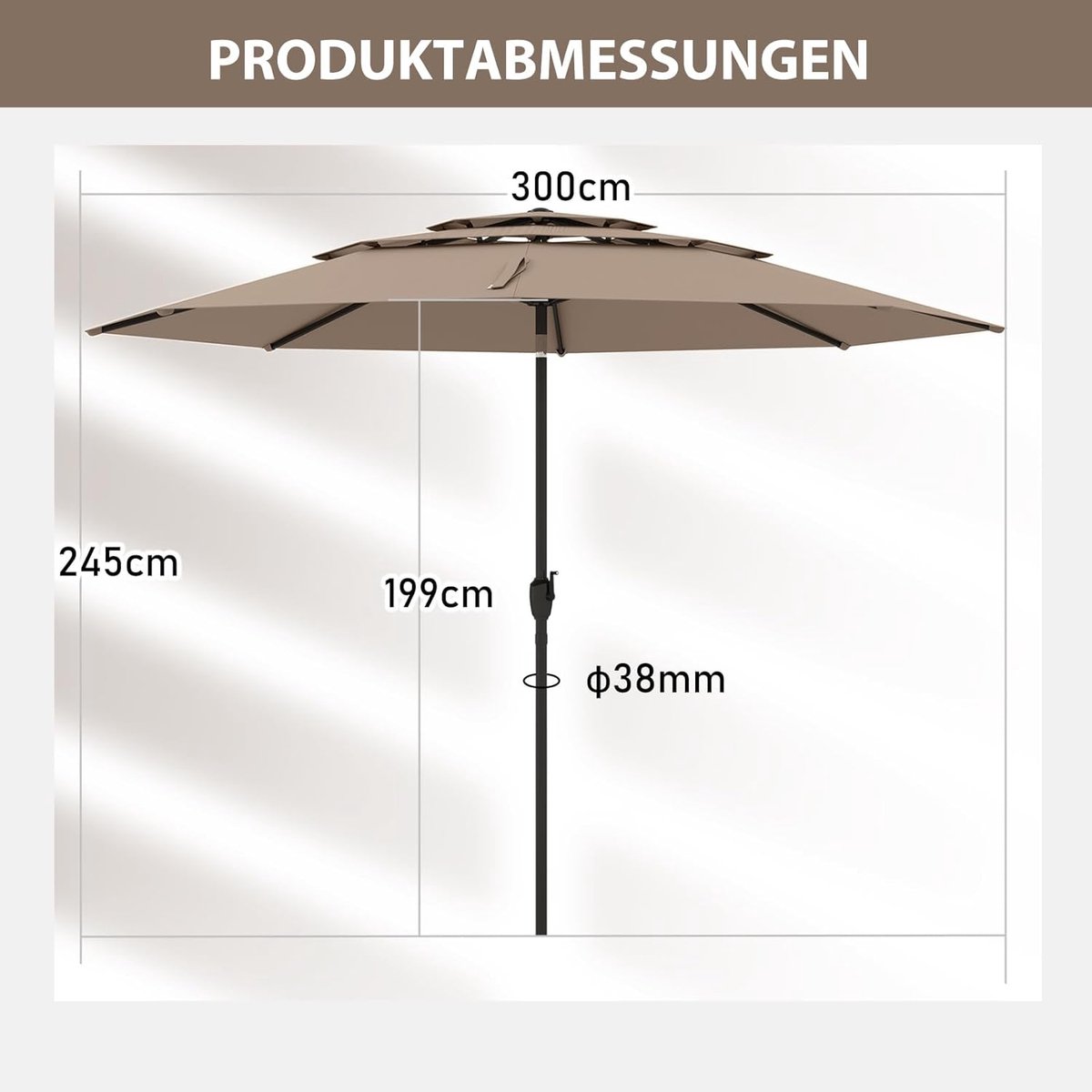 Solar LED Aluminium Zweefparasol 350 cm – Bellavero Elegante Tuin- & Terrassenparasol met Zwengel, In Hoogte Verstelbaar, 32 LEDs, UV-bescherming 40+, Waterafstotend, 8 Ribben, Stabiele Kruisvoet, ...