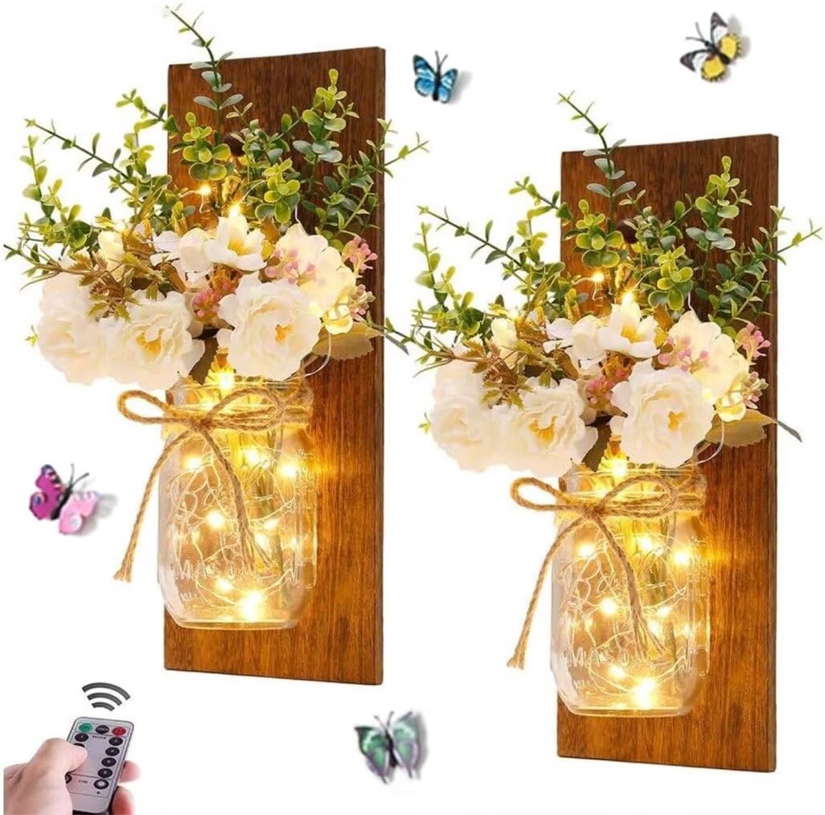 Mason Jar Wandlampen - Decoratieve Lantaarns - Sfeervolle Verlichting - Inclusief Kunstbloem - 33 x 13 cm - Warm Wit