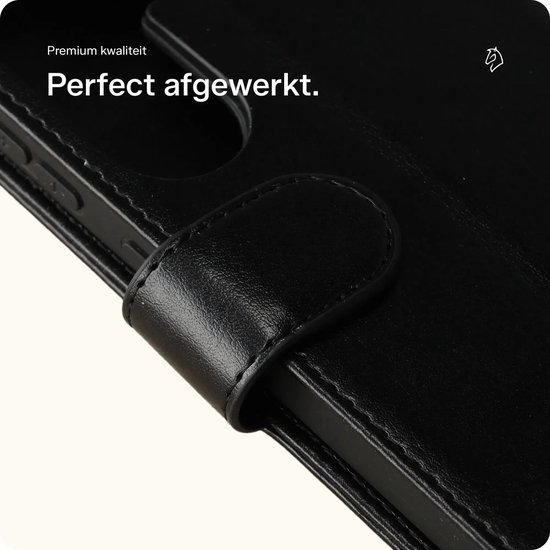 Gedetailleerde close-up van de stiksels en de sluiting van een zwarte portemonnee telefoonhoes.