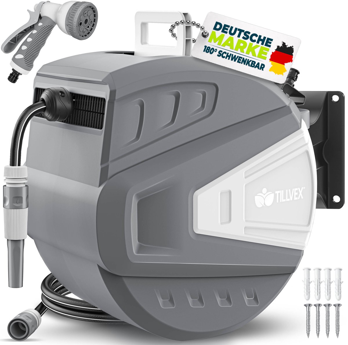 Tillvex- Slanghaspel Grijs 30+2m met muurbeugel met handdouche en tuinslang 180 graden draaibaar wandmontage met automatisch oprollen