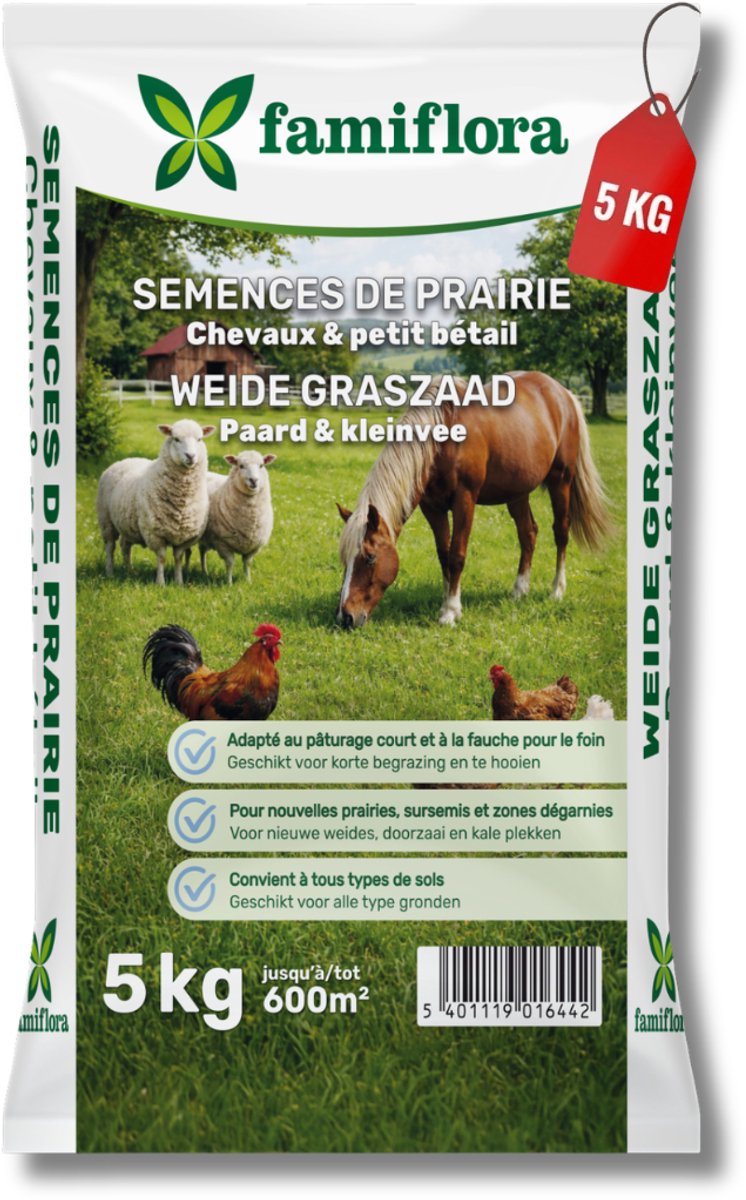 Famiflora graszaad 5kg tot 600m² - Weide Graszaad - Voor paard & kleinvee - Geschikt voor een weide tot 600m² - Voor paard & kleinvee - Voedzaam & smakelijk