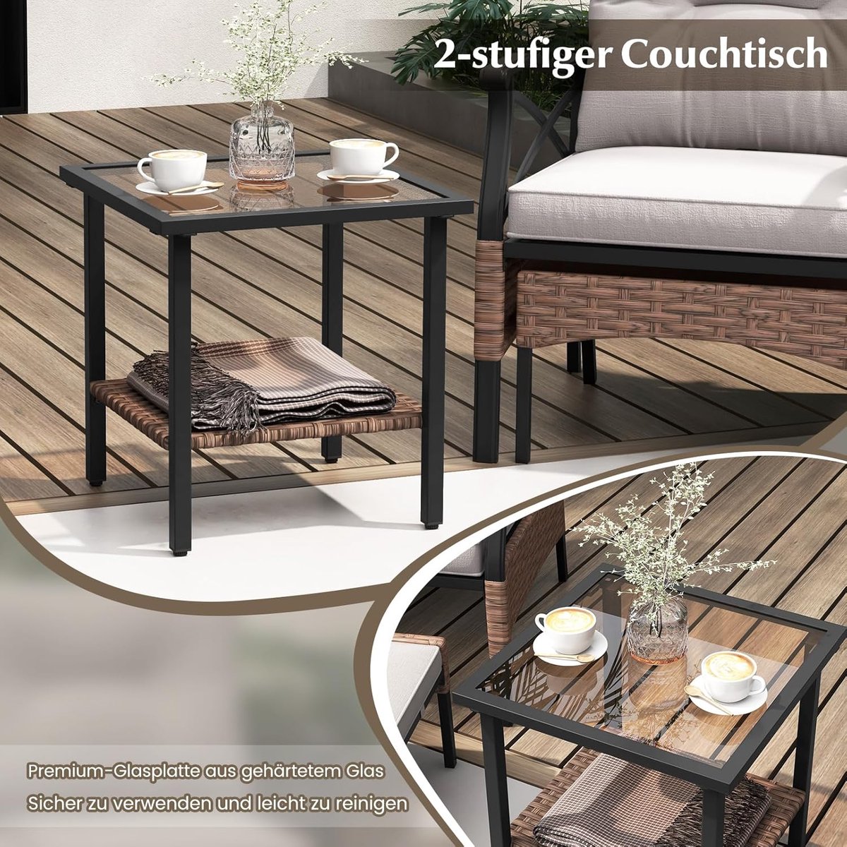 Tuin Loungeset 5-delig 72x60x81 cm – PE Rotan Conversatieset met 2 Stoelen, 2 Voetenbanken & 2-Laags Glazen Tafel – Weerbestendig Balkon- & Terrasmeubilair – Bruin/Grijs – Laura