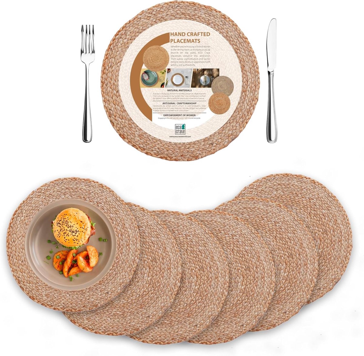 Jute placemats - Geweven onderzetters - Eettafel decoratie - Set van 6 - 30x30 cm - Natuurlijk