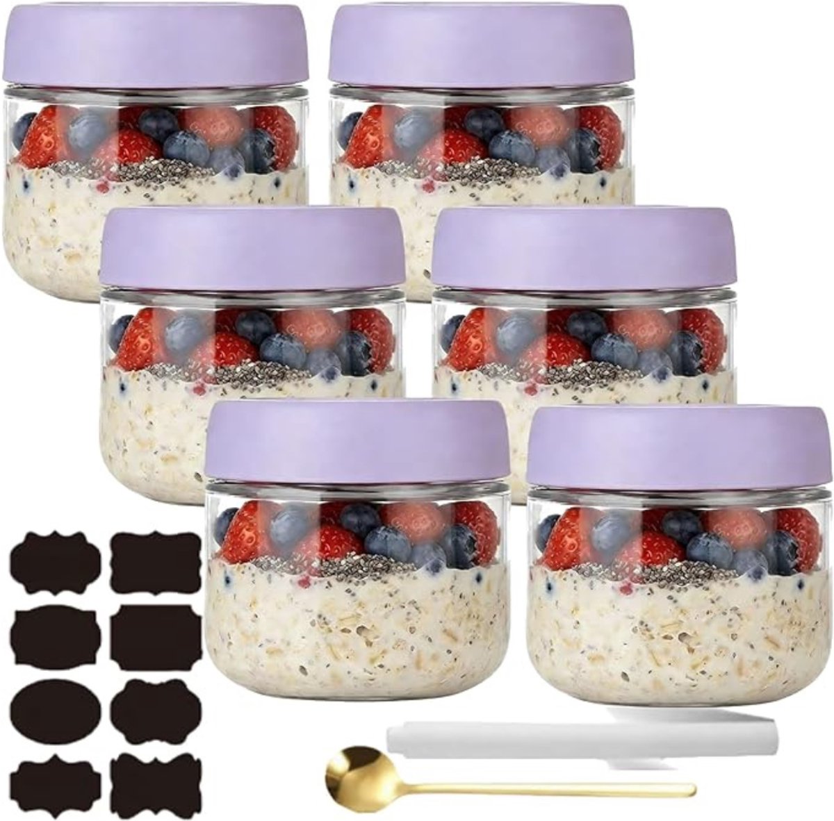 Verte Overnight Oats Potjes - Potjes voor Overnight Oats - Potjes voor Overnight Oats met Deksel - Maaltijdvoorbereiding - Herbruikbare Weckpotten voor Zelfgemaakte Jam - Mason-Potje met Lepel - Etiket - Paars - 300 mL - 6 Stuks