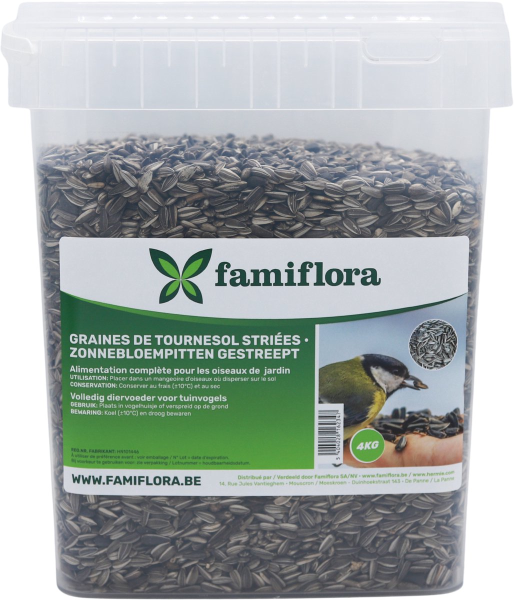 Famiflora gestreepte Zonnebloempitten - 4kg Emmer - Handige Grootverpakking - Voeding voor tuinvogels - Wintervoer