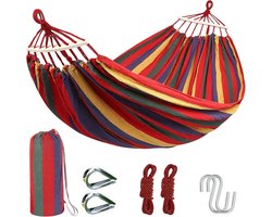 Hangmat - Katoenen hangmat - Dubbele hangmat - Draagbare hangmat voor buiten en kamperen - Inclusief opbergtas, S-haak en verdikt touw - 260*150 cm - Geschikt voor backpacken, strand, kamperen, tuin, enz. - Veelkleurig