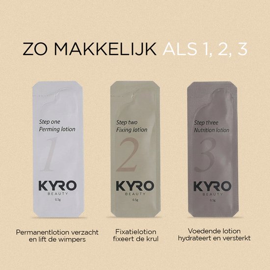 Drie sachets van KYRO Beauty: stap één permanent lotion, stap twee fixing lotion, stap drie nutrition lotion.