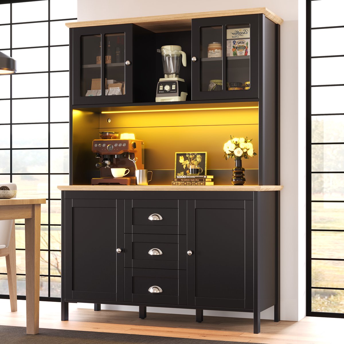 MODENUIT Opbergkast - LED En 4 Deuren, 3 Lades - Voor Keuken Of Woonkamer - MDF En Metaal - Zwart - 120x40x179 cm