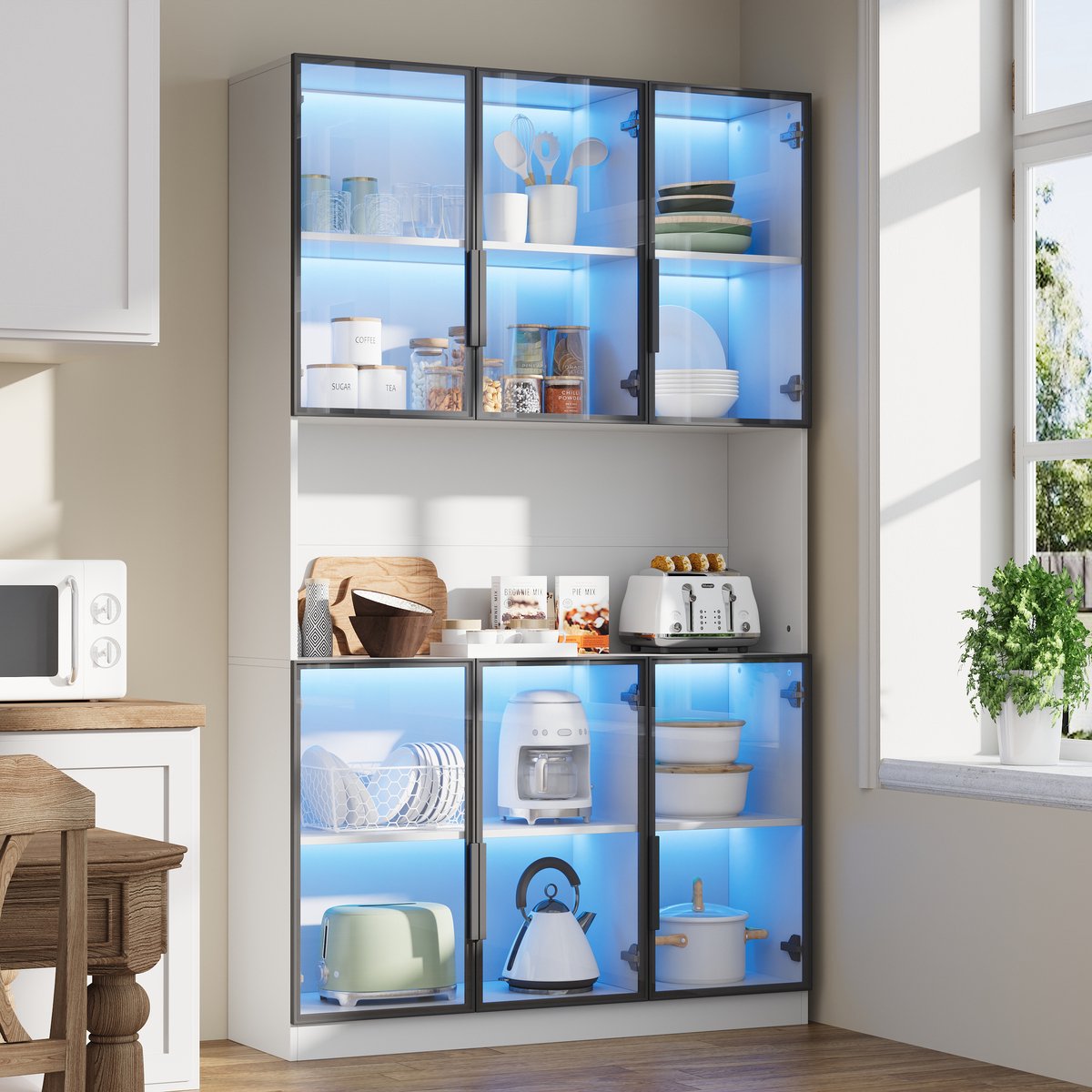 MODENUIT Vitrinekast - 6 Glazen Deuren Met Verlichting - Voor Woonkamer Of Winkelruimte - MDF Wit - 120x34x200 Cm