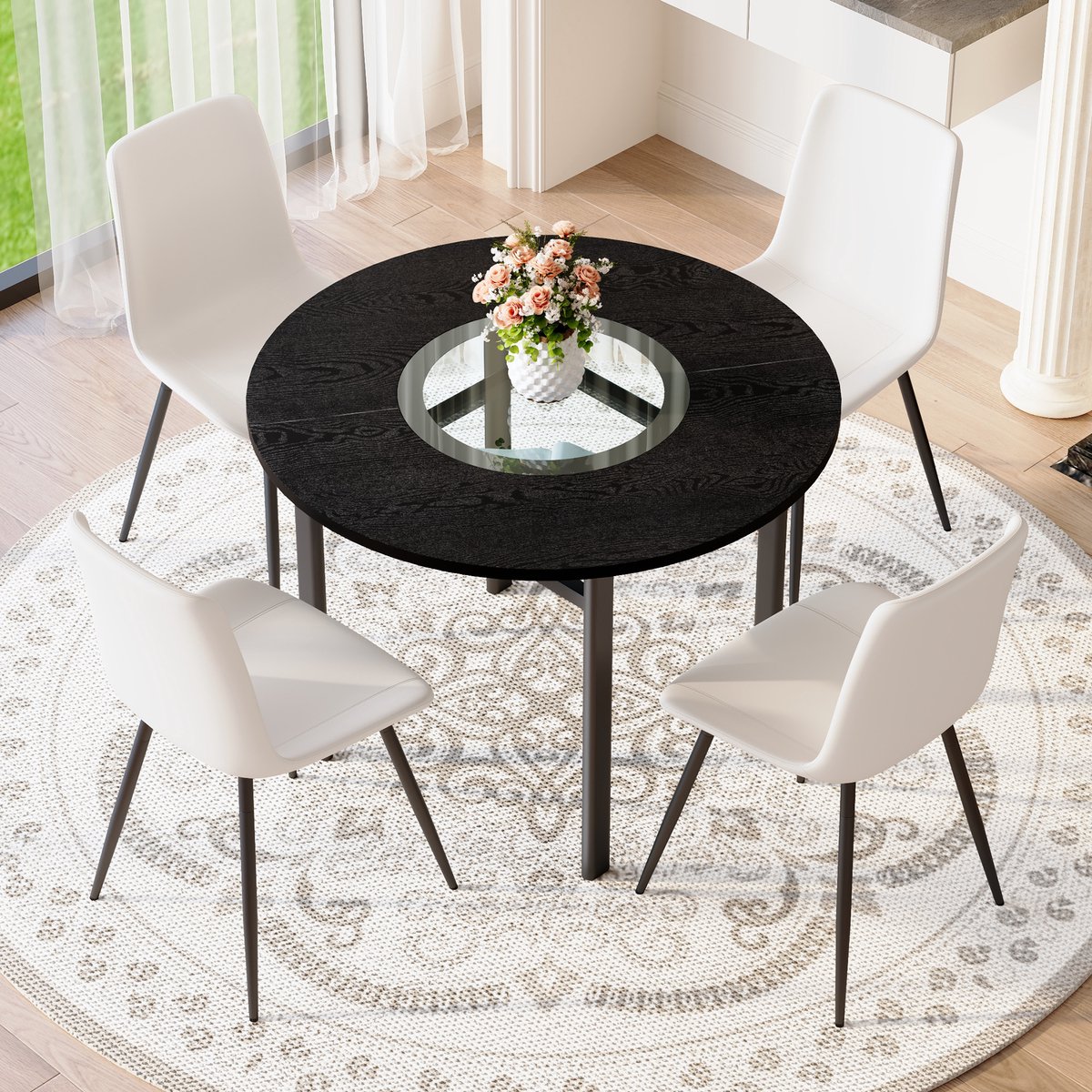 MODFU - Eettafelset - Rond - Met 4 Stoelen - Modern - Voor Eetkamer - MDF Metaal En Kunstl