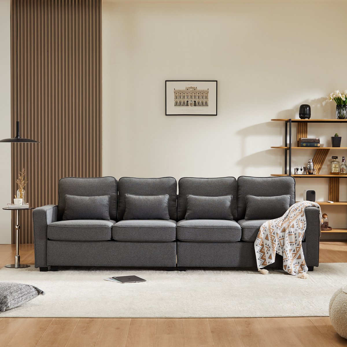 MODENUIT Sofa 264 x 83 x 87 cm - Met Zijvakken en 4 Kussens - Voor Woonkamer en Kantoor - Linnen - Donkergrijs
