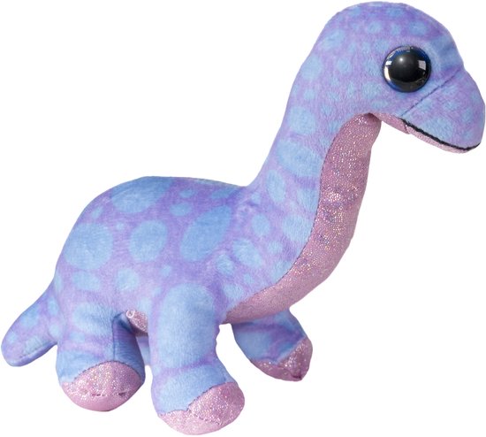 Paarse dinoknuffel met blauwe stippen, grote ogen en glinsterende voeten.