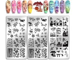 MK Stoer -Nagel Kunst Stencil Plaat - Chinees Ontwerp - 3 Stuks Set - Klassiek - Tuin Motief - Nagel Design Sjabloon - Manicure Gereedschap - Geschikt voor Salon Gebruik - Oude Stijl - Pruimenbloesem Landschap.