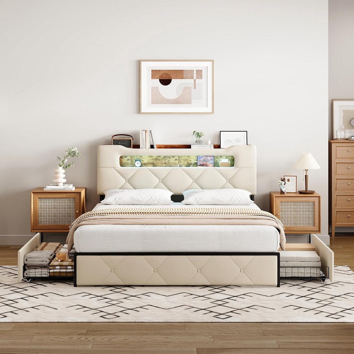 Gestoffeerd Tweepersoons Bed 140x190 cm met USB, LED & 4 Lades - Opbergruimte Hoofdeinde