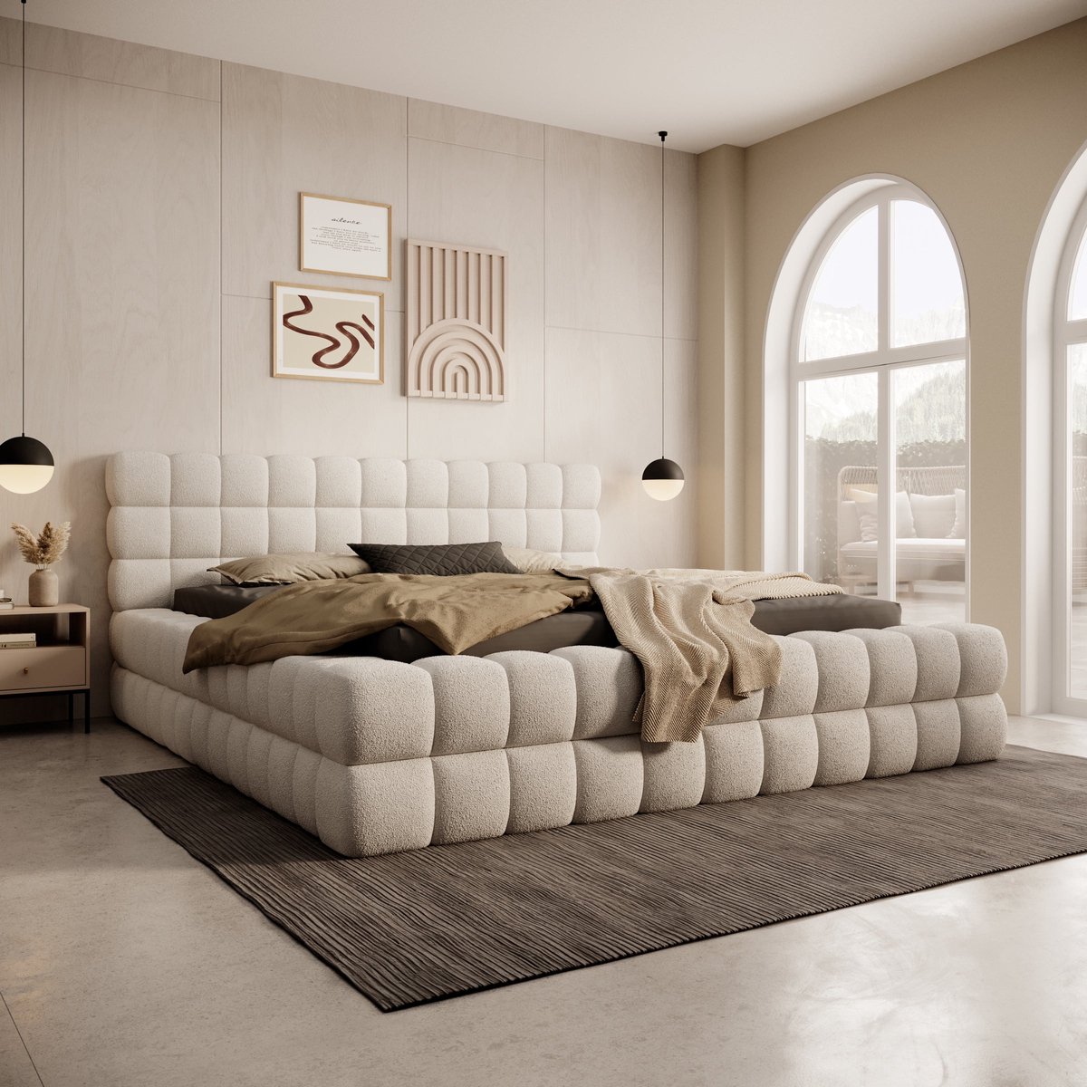 Meubella - Valona - Tweepersoonsbed - Teddystof beige - 180x200 cm