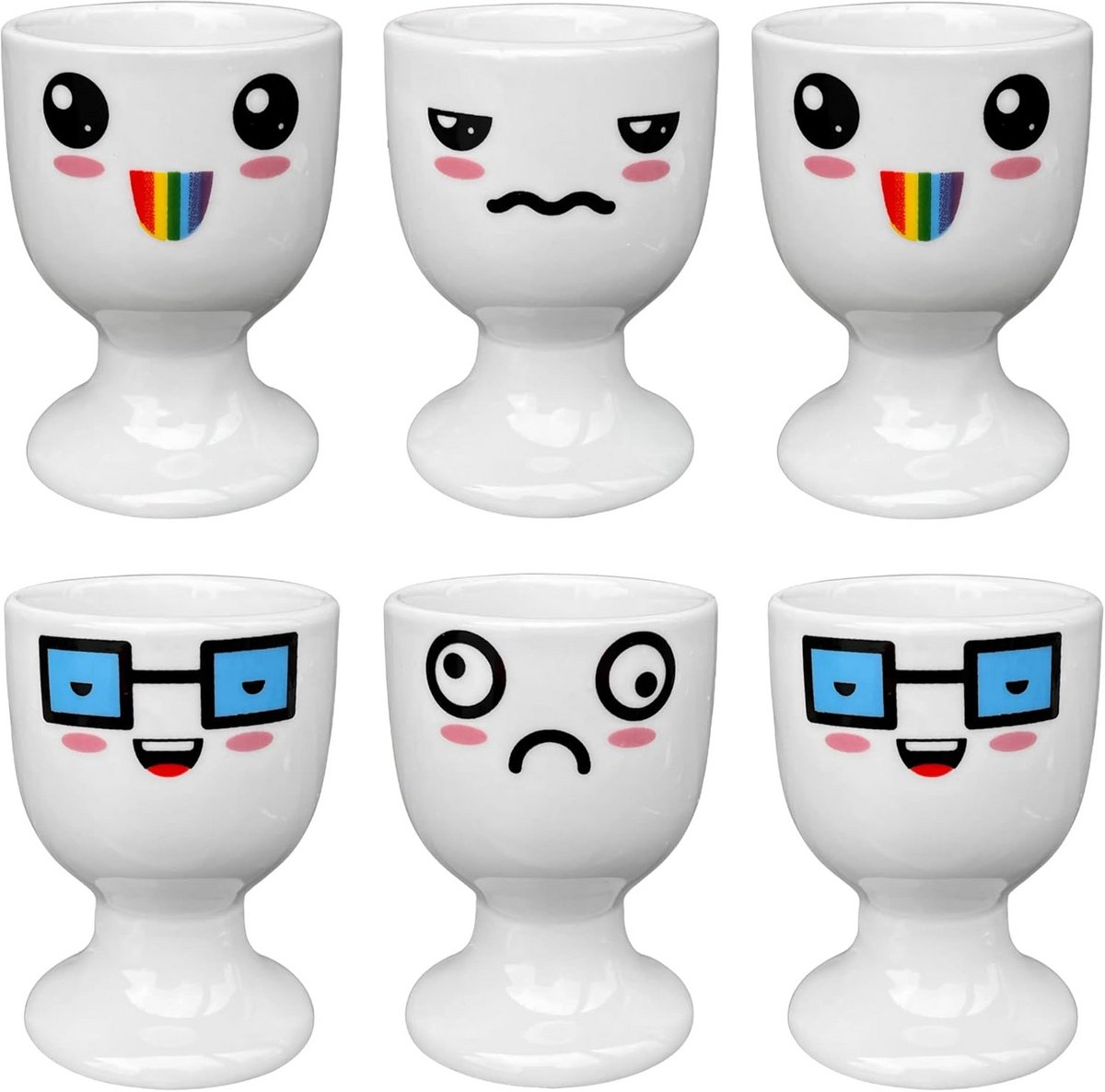 Set van 6 Porseleinen Eierdopjes met Gezichtsdecoratie
