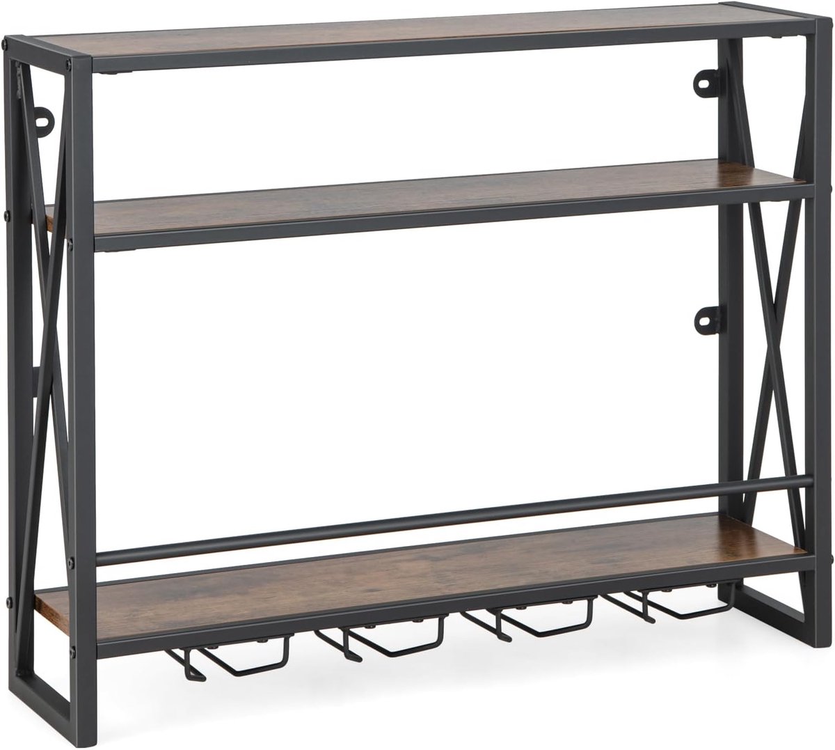 KOMFOTTEU Wandrek, wijnrek, decoratief wijnrek met bekerhouder voor glazen, hangende flessenhouder, 20 kg belasting per laag, voor keuken, wijnkelder, bar (80 x 20 x 63 cm)