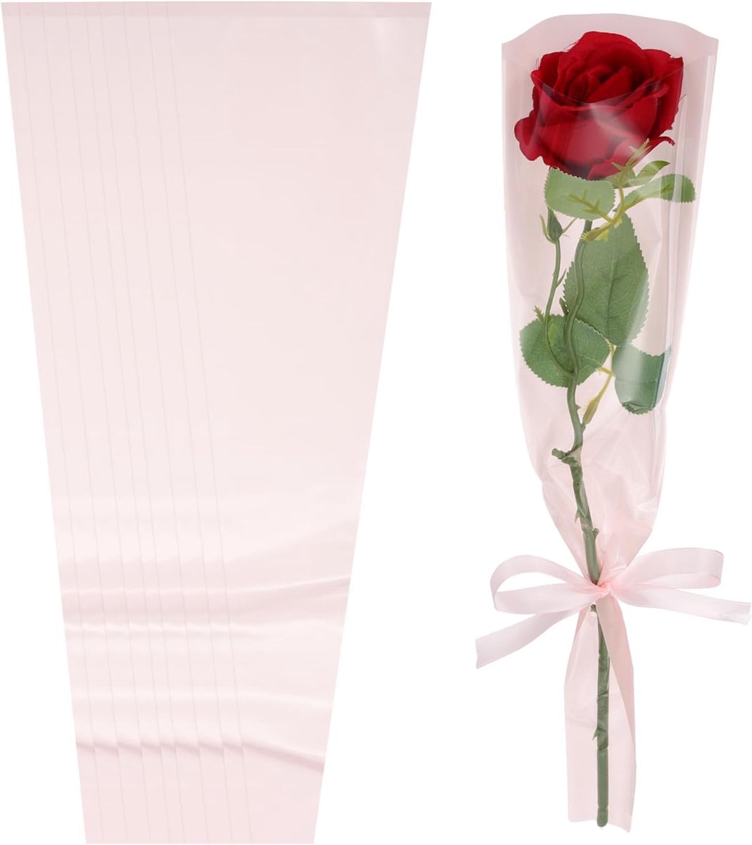 100 Pcs Flowers Packing Bag - Licht Roze Bloemige Verpakkingsmouwen met Ribbons - Schattig voor Bloemenboeketten, Bruiloft, Verjaardag, Afstuderen, Jubileum, Arrangement, Cadeau, 45 x 12 x 3cm
