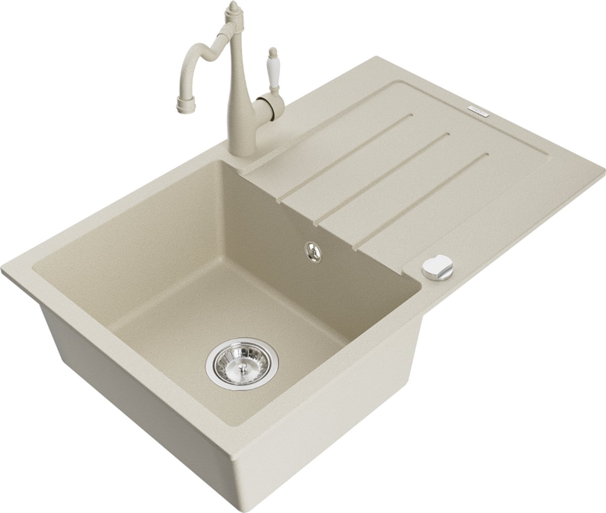 Mexen Bruno granieten spoelbak 1-kom met afdruiprek en keukenmengkraan Carla, beige - 6513