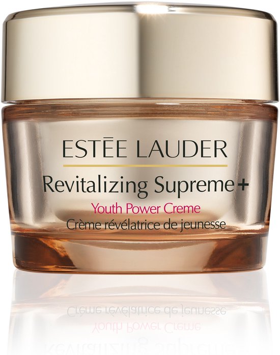 Gouden pot met Estée Lauder Revitalizing Supreme+ Youth Power Creme. Tekst in het Engels en Frans.