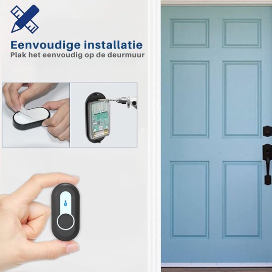 Aurixi® Draadloze Deurbel met 2 Ontvangers - Deurbelset - Beldrukker - Deurbellen - 55 melodieën - Waterdicht - 400 m bereik - 1 Zender - Zwart - ‎8cm x 8cm x 7cm — afbeelding 5