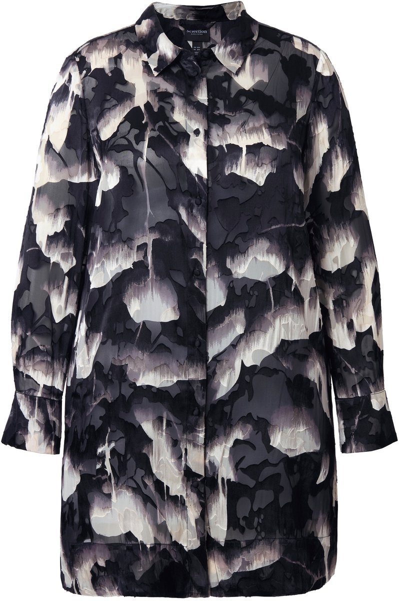 Ulla Popken - Dames - Lange blouse ausbrenner overhemdkraag lange mouwen - Zwart - Maat 46+