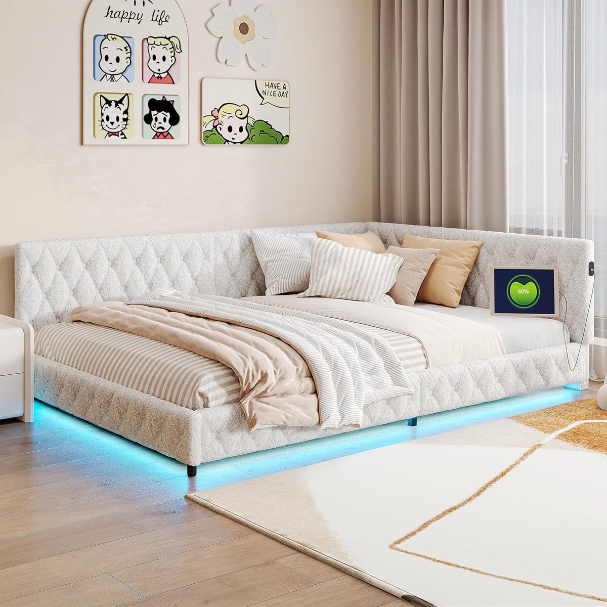 Tweepersoons slaapbank 2-zits logeerbed multifunctioneel met LED-verlichting en USB-poorten