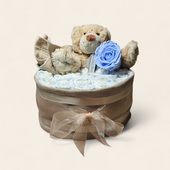 Luxe Luiertaart 1-Laags met Premium Pampers, blauwe Longlife Roos, Hydrofiele Doek, Spuugdoekje en Superzacht Beertje: Het Perfecte Kraamcadeau van Merkloos — afbeelding 2