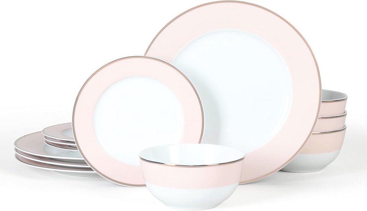 Luxe 12-delige Porseleinen Servies Set – Roze met Gouden Rand – Diner Service