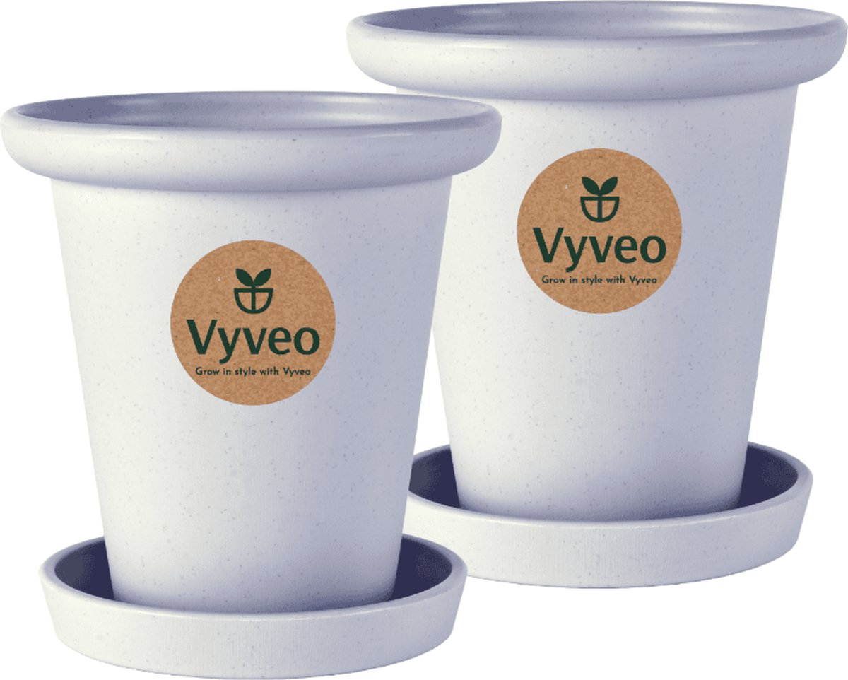 Vyveo - Bloempot Skara met onderzetter - Set van 2 - 20x19 - Lichtgrijs - Bloempot voor binnen en buiten - Lichtgewicht - Breukbestendig - Vorstbestendig - UV-bestendig