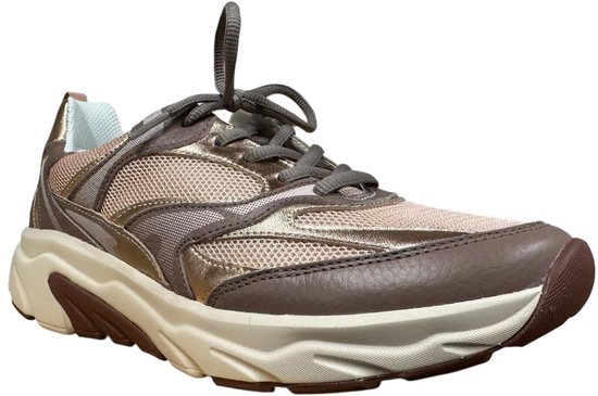 Vooraanzicht van roze Gabor Rollingsoft sneaker met metallic en bruine details.