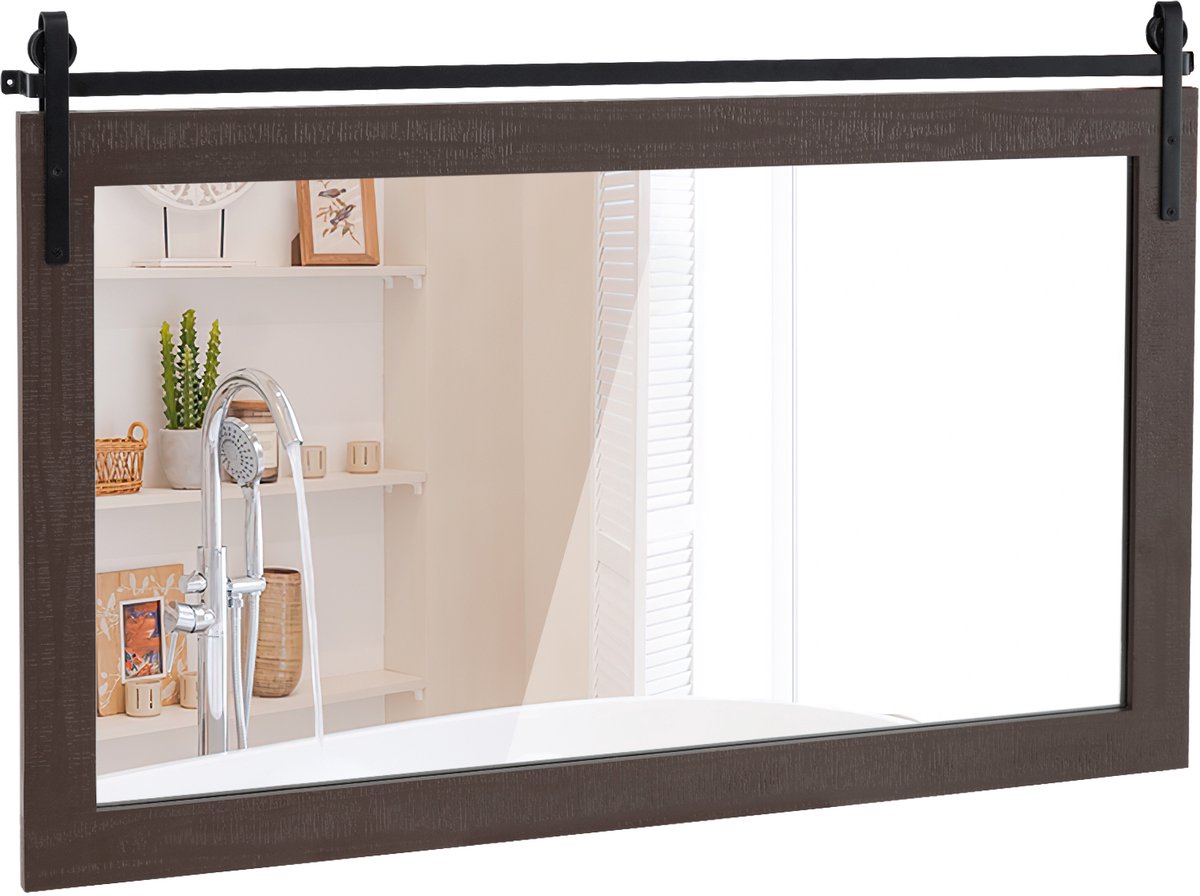 Costway Rechthoekige spiegel met houten lijst, 100 x 66 cm, rustieke wandspiegel, onbreekbare hangspiegel met metalen houder, voor hal, woonkamer, slaapkamer (donkerbruin) Donker Bruin